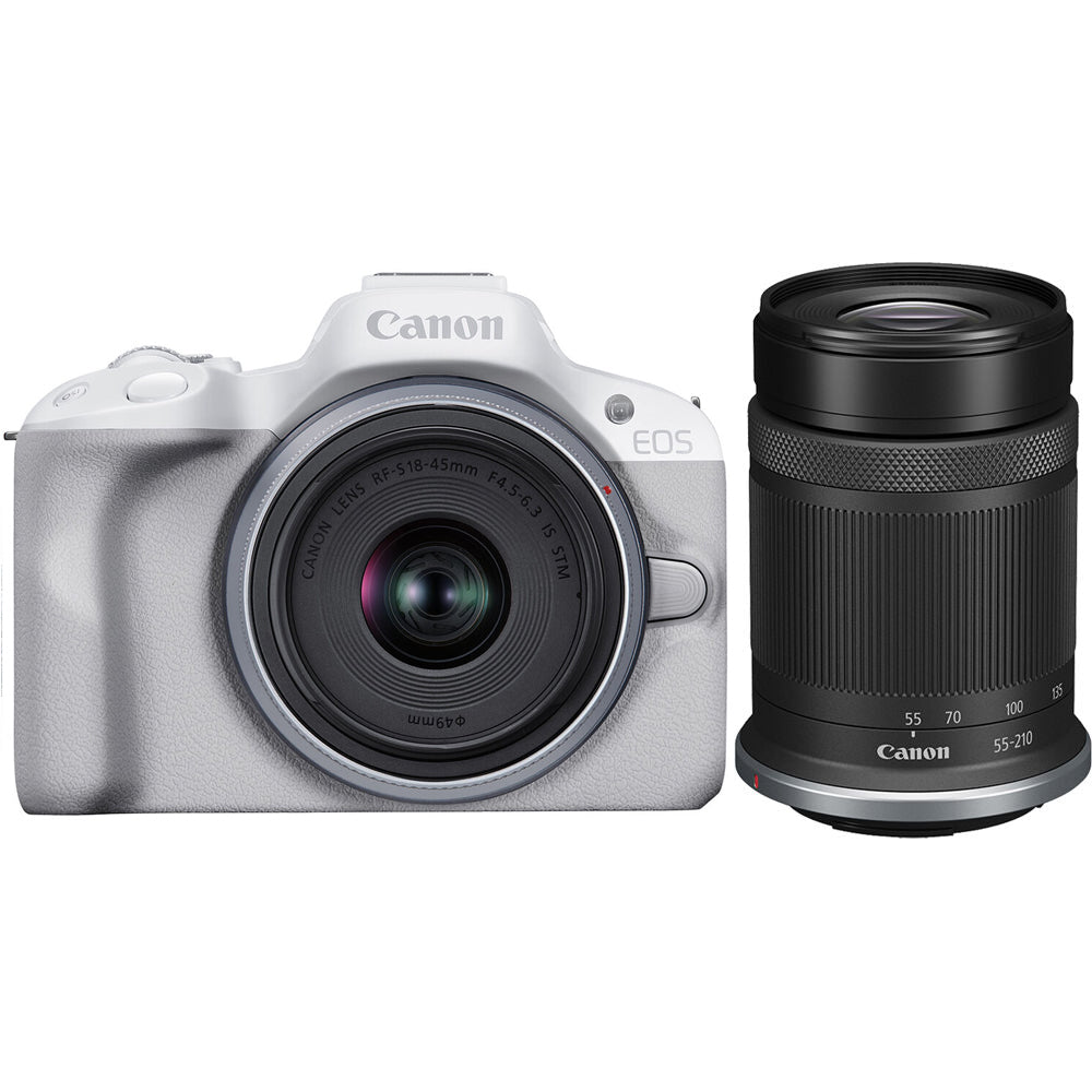 Canon EOS R50 Mirrorless Camera w/ 18-45mm and 55-210mm Lenses (White)