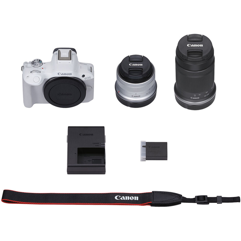 Canon EOS R50 Mirrorless Camera w/ 18-45mm and 55-210mm Lenses (White)