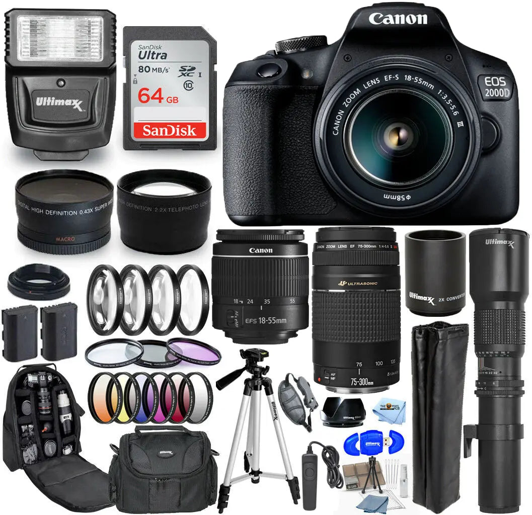 Canon EOS 2000D / Rebel T7 18-55mm + 75-300mm + 500mm 30 Piece