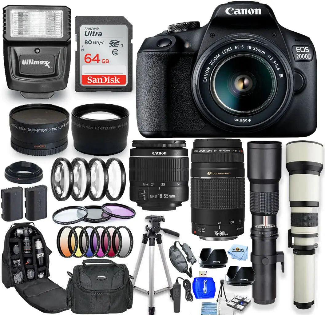 Canon EOS 2000D / Rebel T7 18-55mm + 75-300mm + 500mm + 650-1300mm