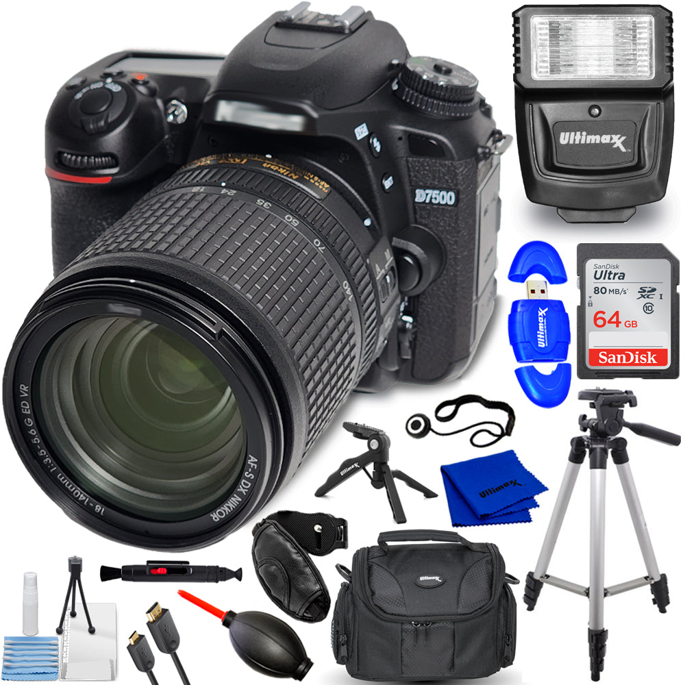 Nikon D7500 DSLR Camera with 18-140mm Lens + 64GB + Flash + Tripod Bundle