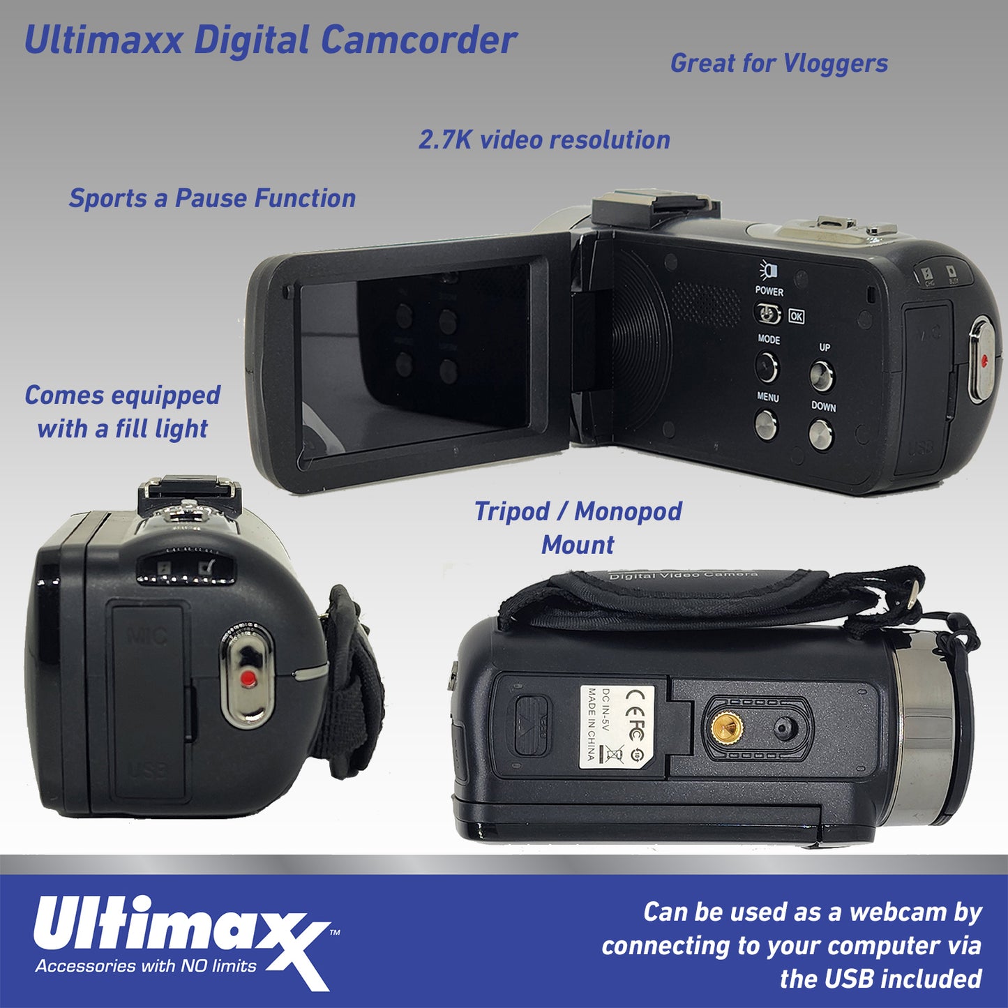 Ultimaxx 4K Ultra HD Camcorder Video Vlogging Camera with LED Light 42MP, 18x Digital Zoom with Remote Control 3.0" LCD Screen Christmas Holiday GIFT