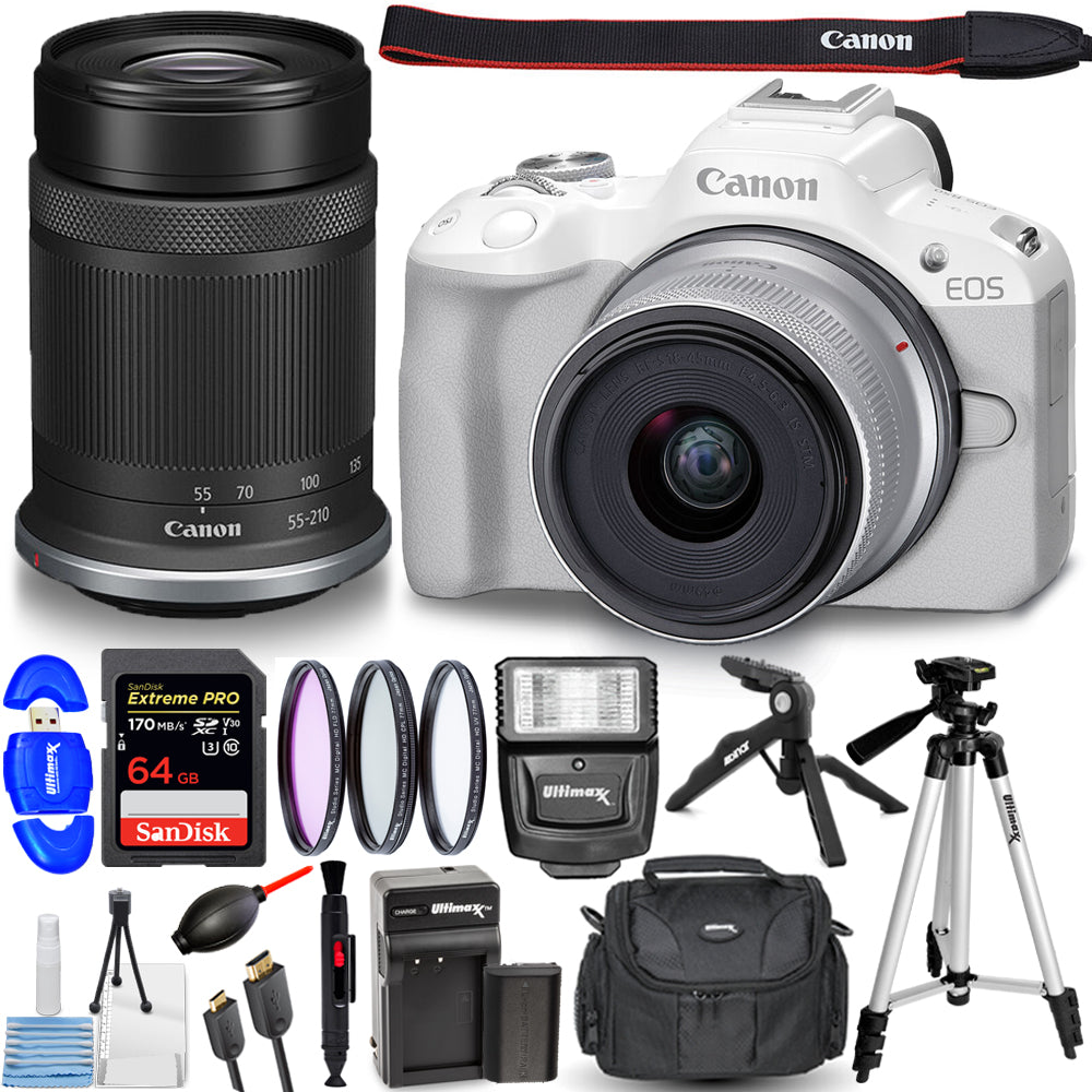Picture 1 of 7
Canon EOS R50 Mirrorless Camera with 18-45mm and 55-210mm Lenses (White) Bundle