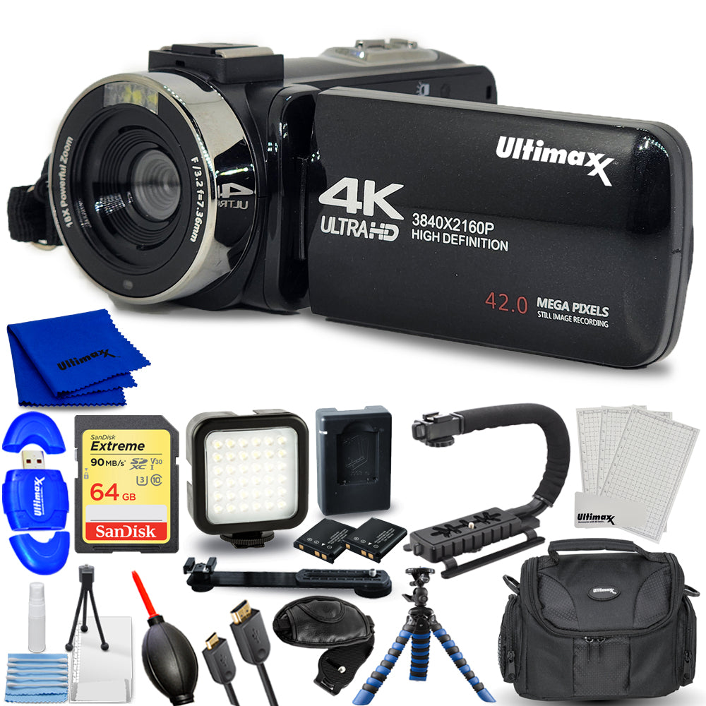 Ultimaxx 4K Ultra HD Camcorder Video Vlogging Camera with LED Light 42MP, 18x Digital Zoom with Remote Control 3.0" LCD Screen Christmas Holiday GIFT Bundle