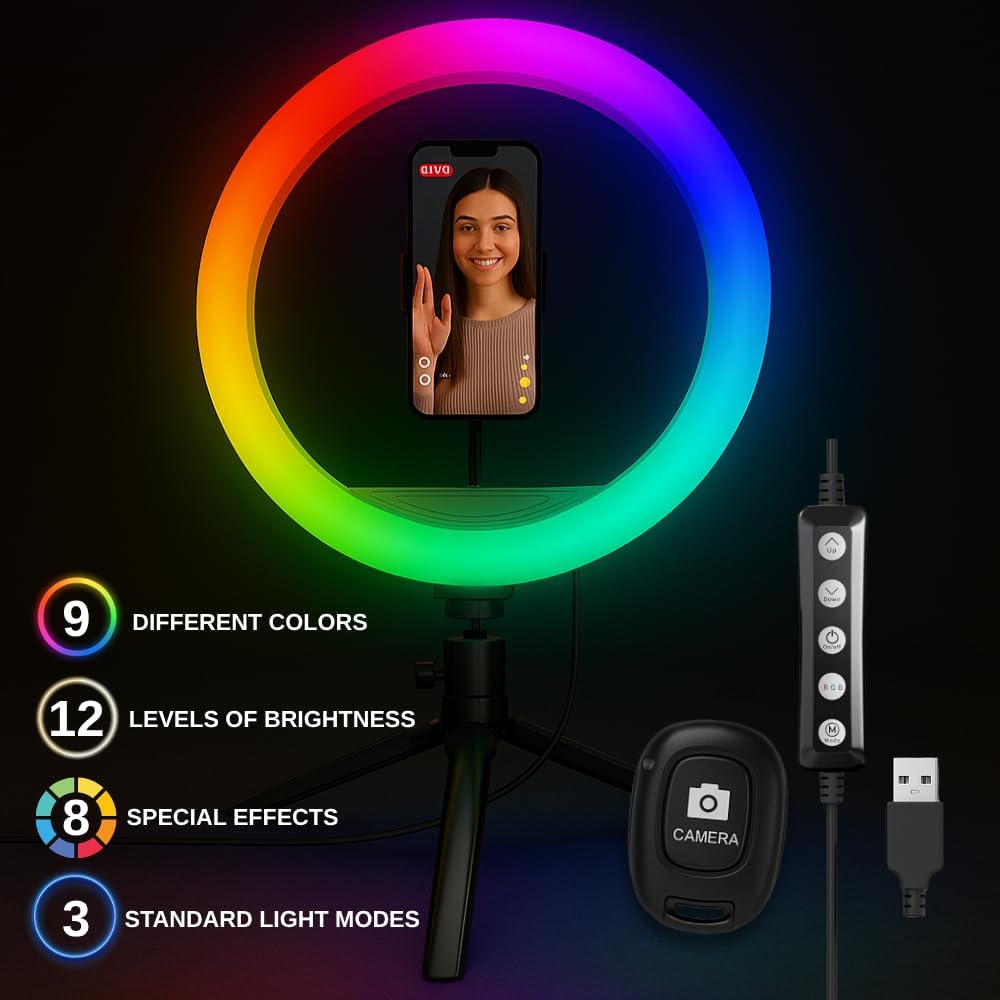10" RGB Color Changing LED Ring Light with Tabletop Tripod