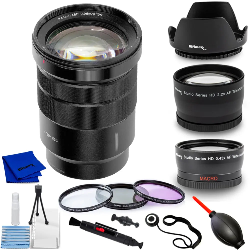 Sony E PZ 18-105mm f/4 G OSS Lens + Telephoto and Wide Angle Lenses Bundle Sony