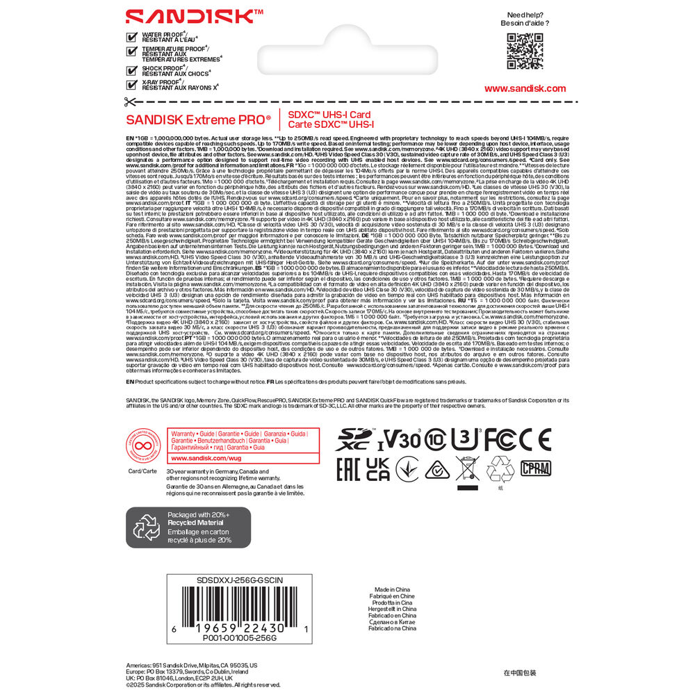 SANDISK 256GB Extreme PRO UHS-I SDXC Memory Card - SDSDXXJ-256G-GSCIN