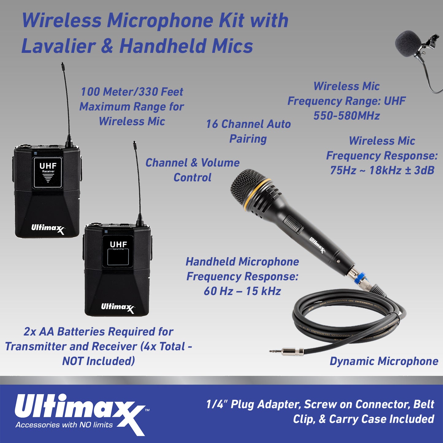 Ultimaxx Wireless Mic Kit with Lavalier Mic, Cables, Carry Case and Handheld Mic