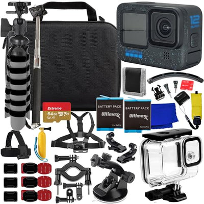 Ultimaxx Advanced GoPro Hero 12 Bundle - Includes: 64GB Extreme microSDXC Memory Card, 2X Replacement Batteries, Underwater Housing, Multi-Adjustable Bike/Pipe Mount & Much More (30pc Bundle)
