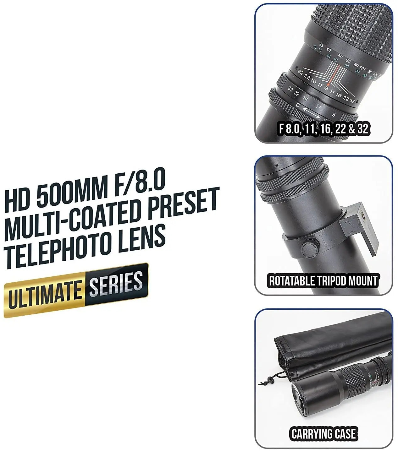 Super 500mm f/8 Manual Telephoto Lens for Nikon D5 D4S D810 D800 D750 D700 D610 Ultimaxx