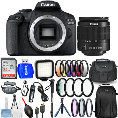 Canon EOS 2000D / Rebel T7 3 Lenses 18-55mm with 32GB Filter Kit Backpack Bundle Canon
