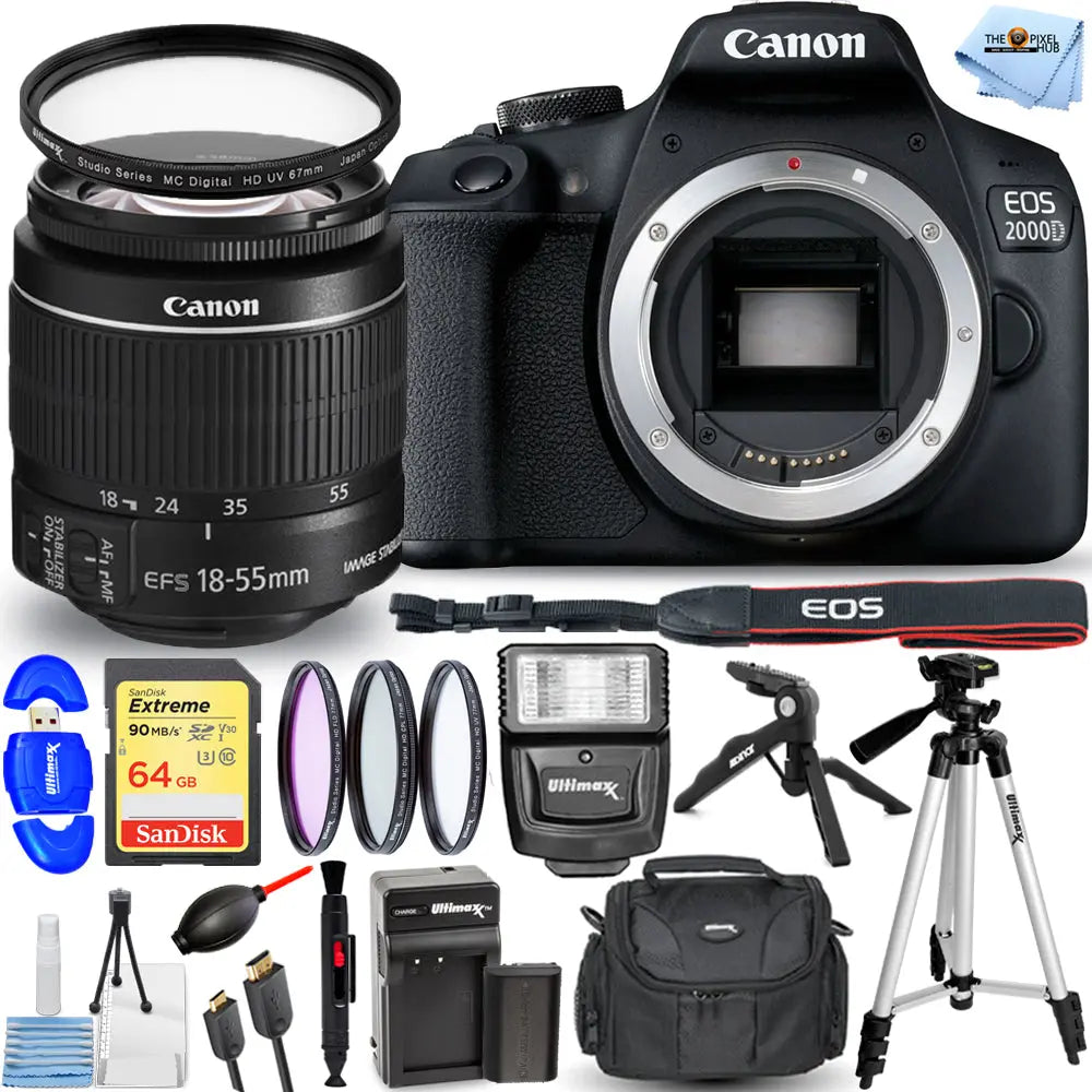Canon EOS 2000D / Rebel T7 with 18-55mm IS II Lens + EXT BATT + 64GB Bundle Canon