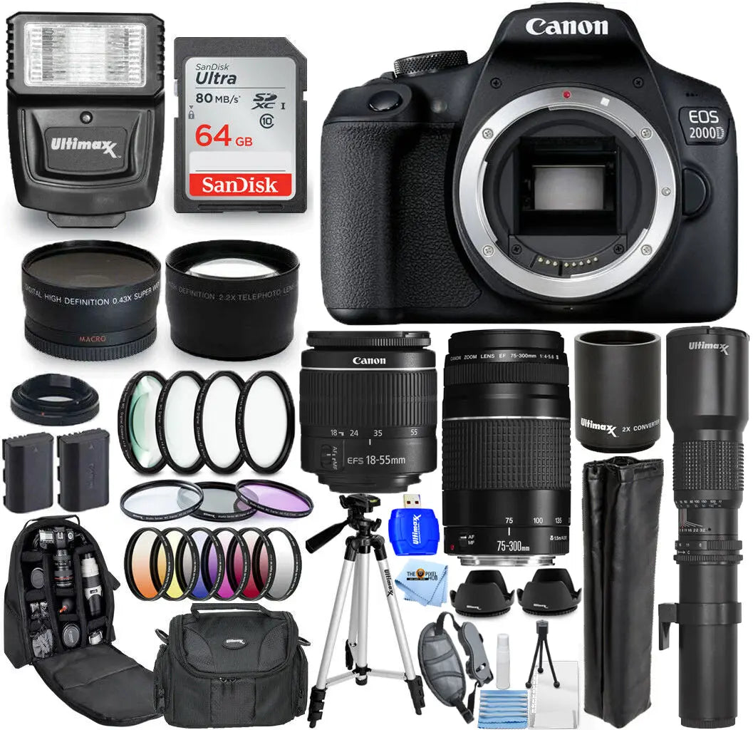 Canon EOS 2000D / Rebel T7 + 18-55mm IS II + 75-300mm III + 500mm/1000mm Bundle Canon
