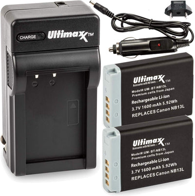 ULTIMAXX Travel Charger + Replacement battery for Canon NB13L - 1600 mah