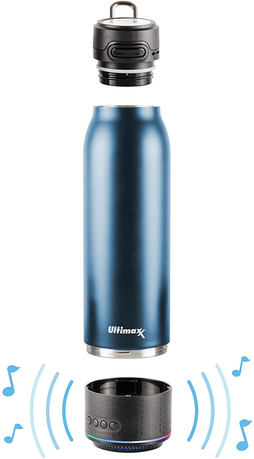 Vacuum Insulated Water Flask Bottle w/ Rechargeable Bluetooth Speaker Navy Blue