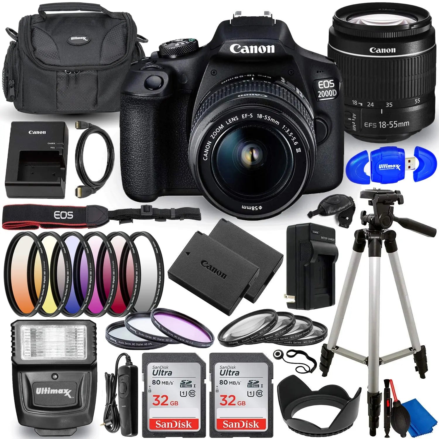 Canon EOS 2000D Rebel T7 DSLR Camera with 18-55mm III Lens With 25 Piece Bundle Canon