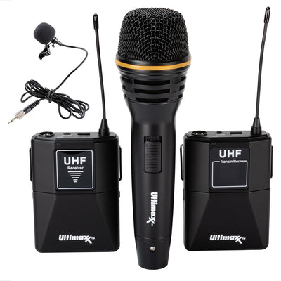 Ultimaxx Wireless Mic Kit with Lavalier Mic, Cables, Carry Case and Handheld Mic