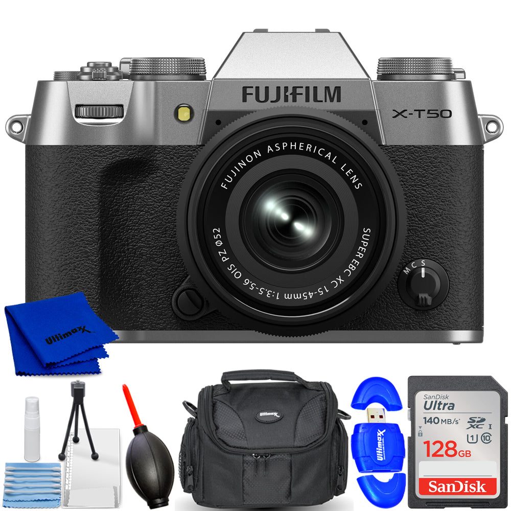 FUJIFILM X-T50 Mirrorless Camera w/ XC 15-45mm f/3.5-5.6 Lens (Silver) - Bundle