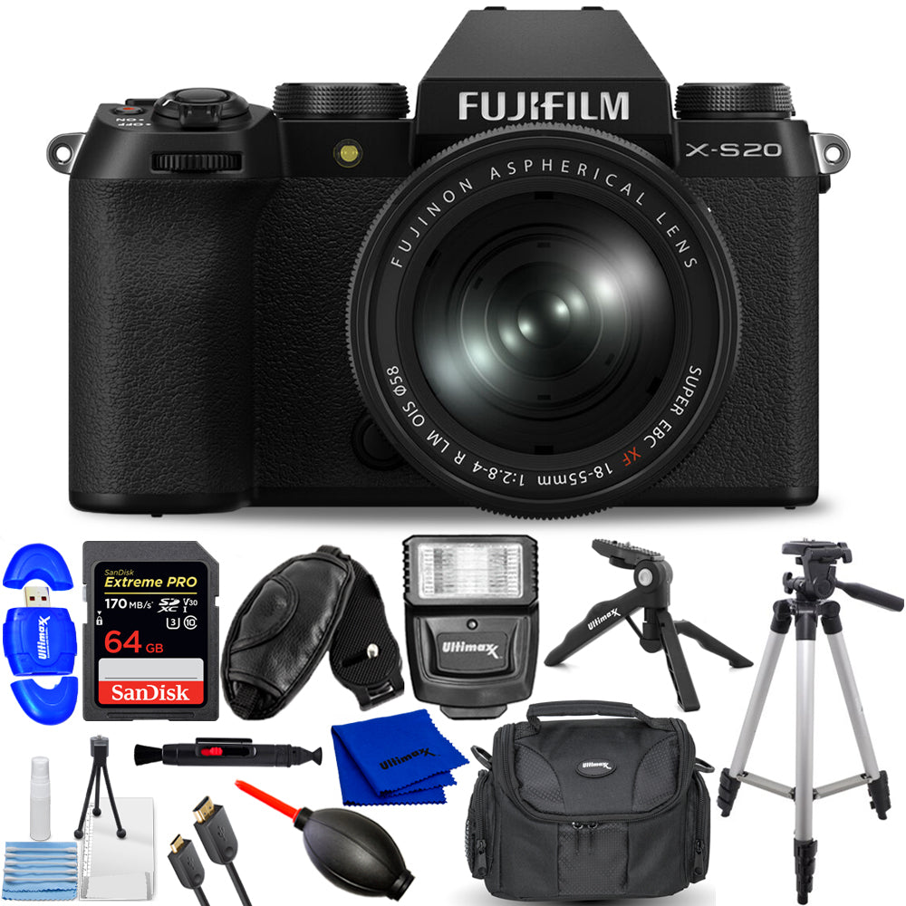 FUJIFILM X-S20 Mirrorless Camera and 18-55mm R LM OIS Lens (Black) - 7PC Kit