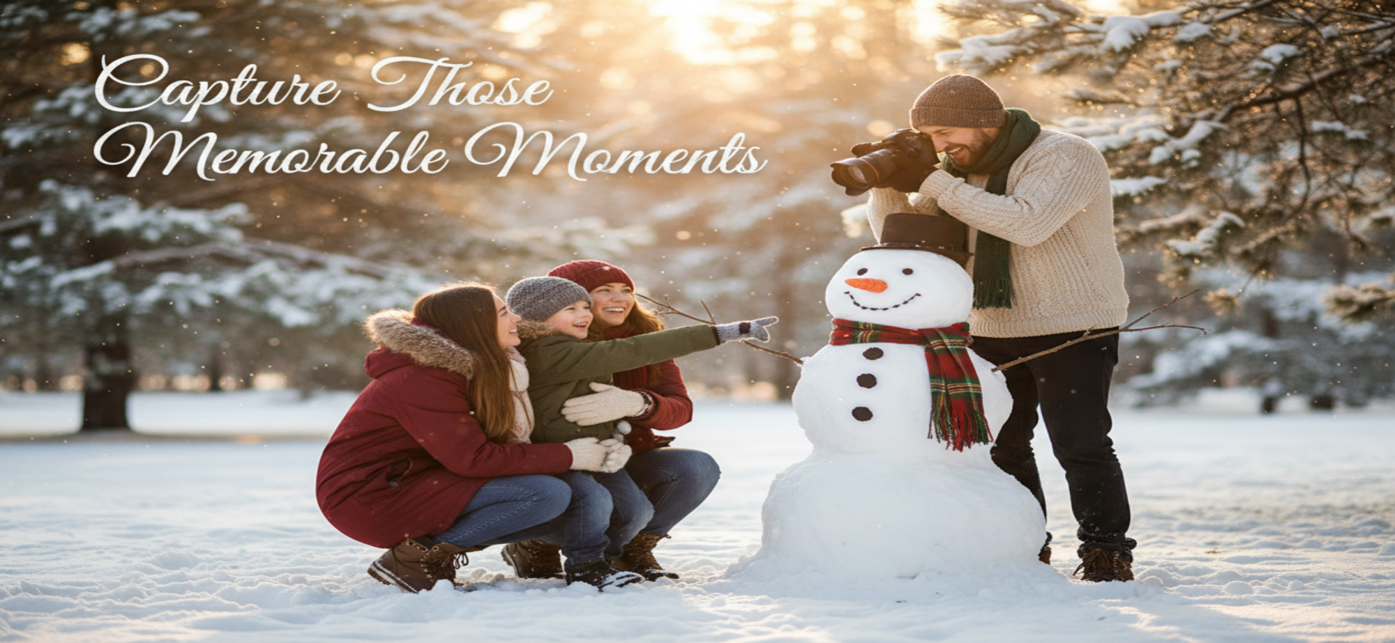picture size has to be 2000 pixels by 923 pixels of a family taking a pictures with a DSLR camera around a snowman. The title states capture those memorable moments. 