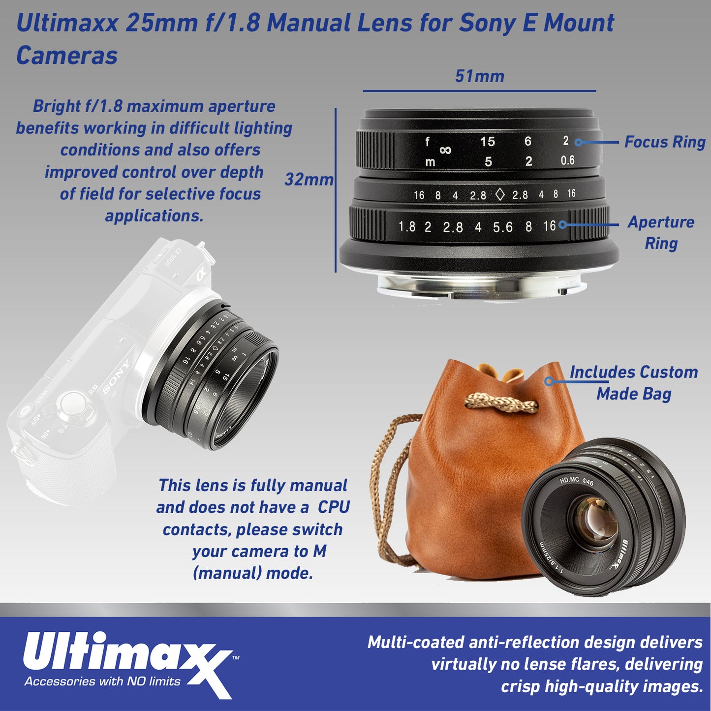 ULTIMAXX 25mm f/1.8 Manual Lens for Sony E Mount (Nex)