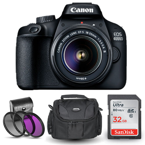 Canon EOS 4000D / Rebel T100 18-55mm III Lens with 32GB SD + Case + Filter Kit