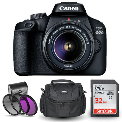 Canon EOS 4000D / Rebel T100 18-55mm III Lens with 32GB SD + Case + Filter Kit