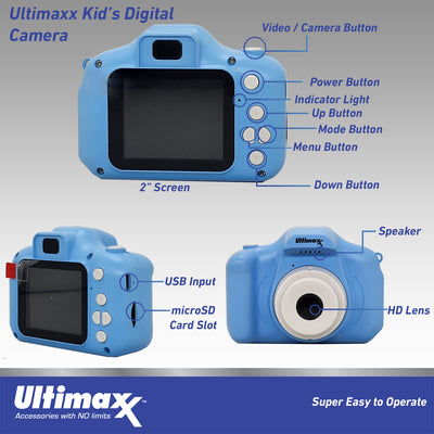 Ultimaxx Digital Video Recorder Camera (Blue) Kids Teens ages 8-12 Beginners with Games 32GB Micro SD Holiday Christmas Gift Kit