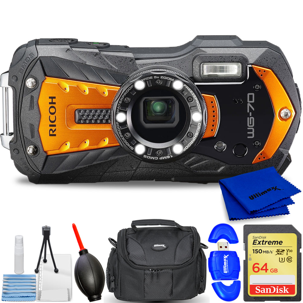 Ricoh WG-70 Digital Camera (Orange) 03873 - 7PC Accessory Bundle