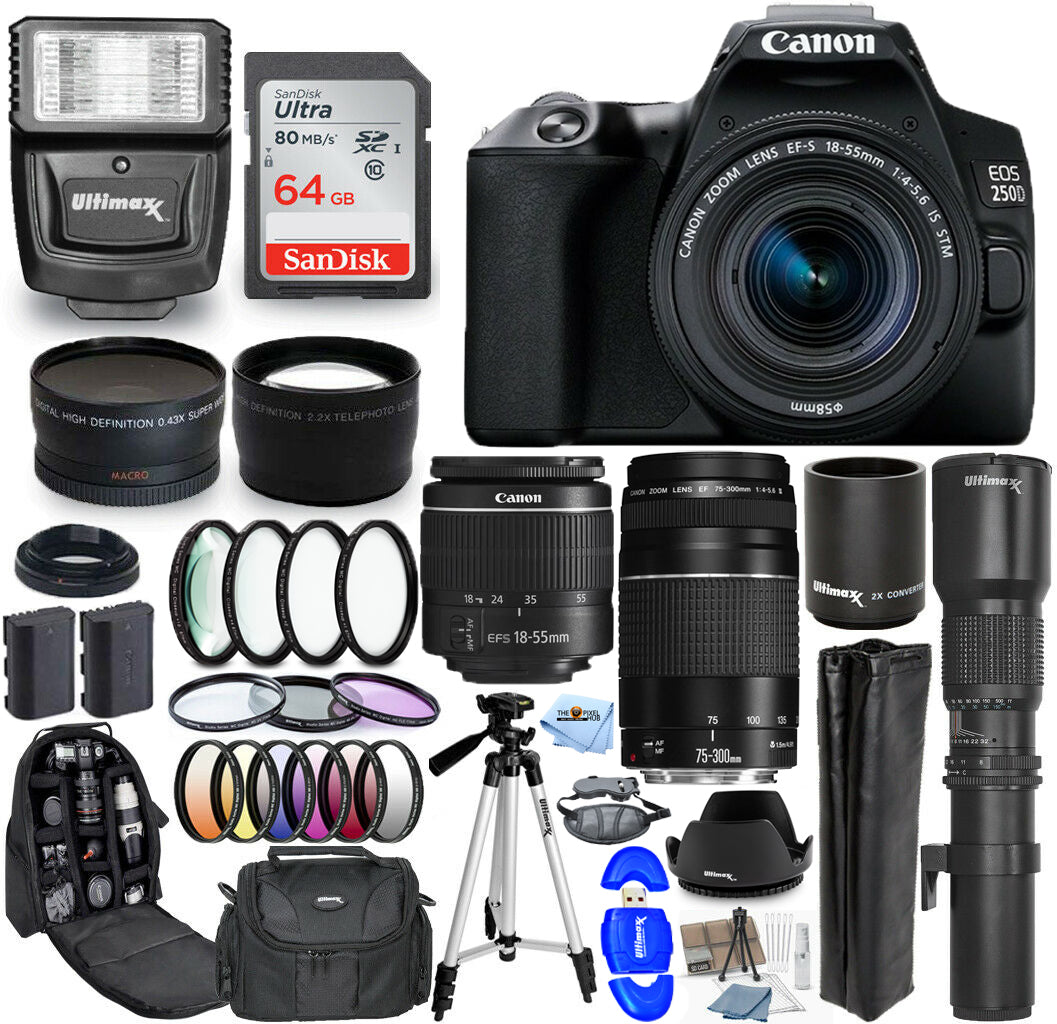 Canon EOS 250D / Rebel SL3 DSLR with 18-55mm + 500mm + 64GB + Flash Bundle