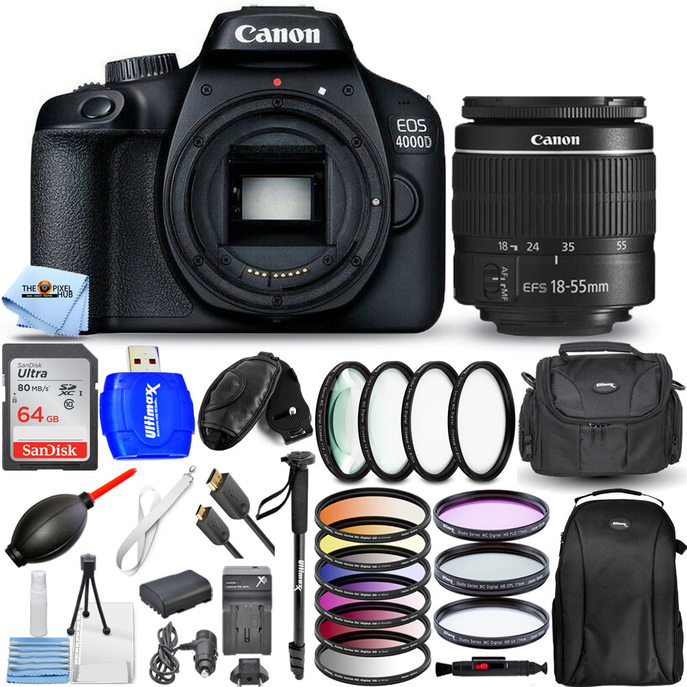 Canon EOS 4000D / Rebel T100 with 18-55mm Lens + 64GB + Filter Kit Bundle