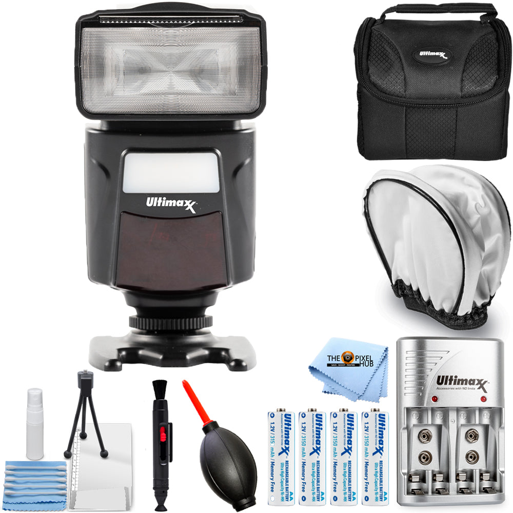 Ultimaxx Dynamic DF260VL Flash Speedlite with LED Light + 4x AA Batteries Bundle