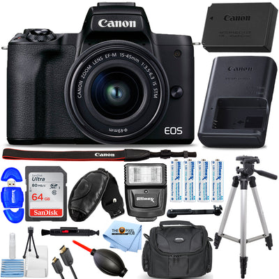 Canon EOS M50 Mark II Mirrorless Camera with 15-45mm Lens (Black) + Flash Bundle