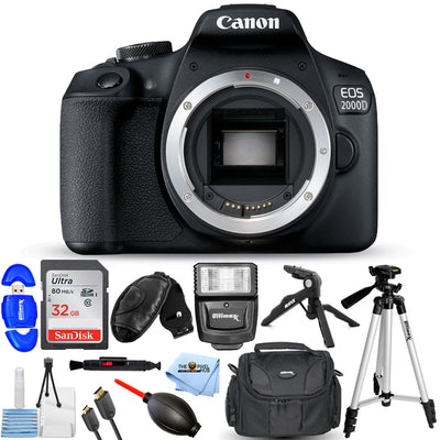 Canon EOS 2000D/Rebel T7 DSLR Camera + 32GB + Flash + Tripod Bundle