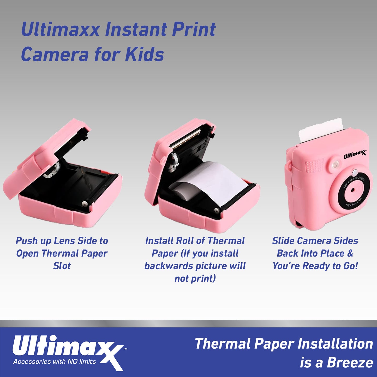 Ulitmaxx Kids Instant Digital Camera (Pink) with 64GB Micro SD and 3 Rolls Paper