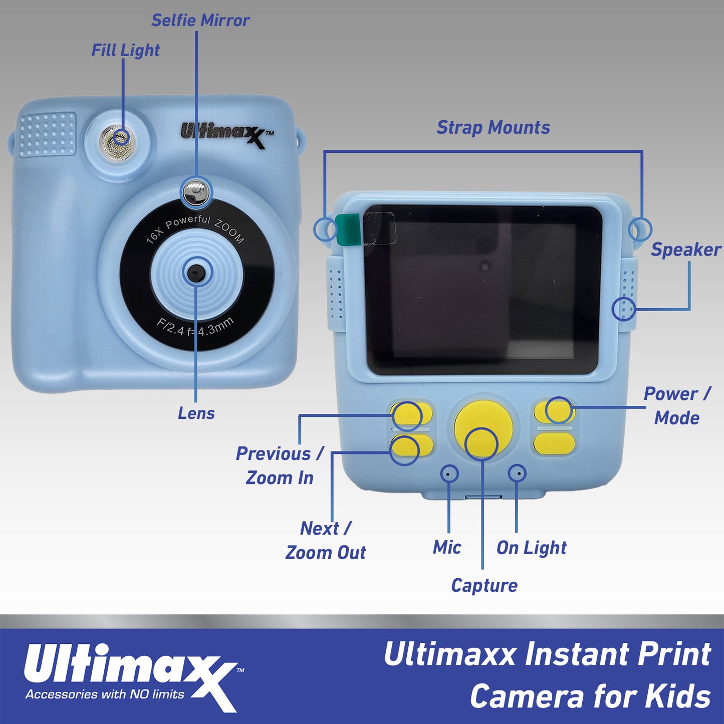 Ultimaxx Instant Print Camera (Blue) for Kids Teens ages 8-12 Beginners with 3 Printing Paper Rolls 32GB Micro SD Holiday Christmas Gift Kit