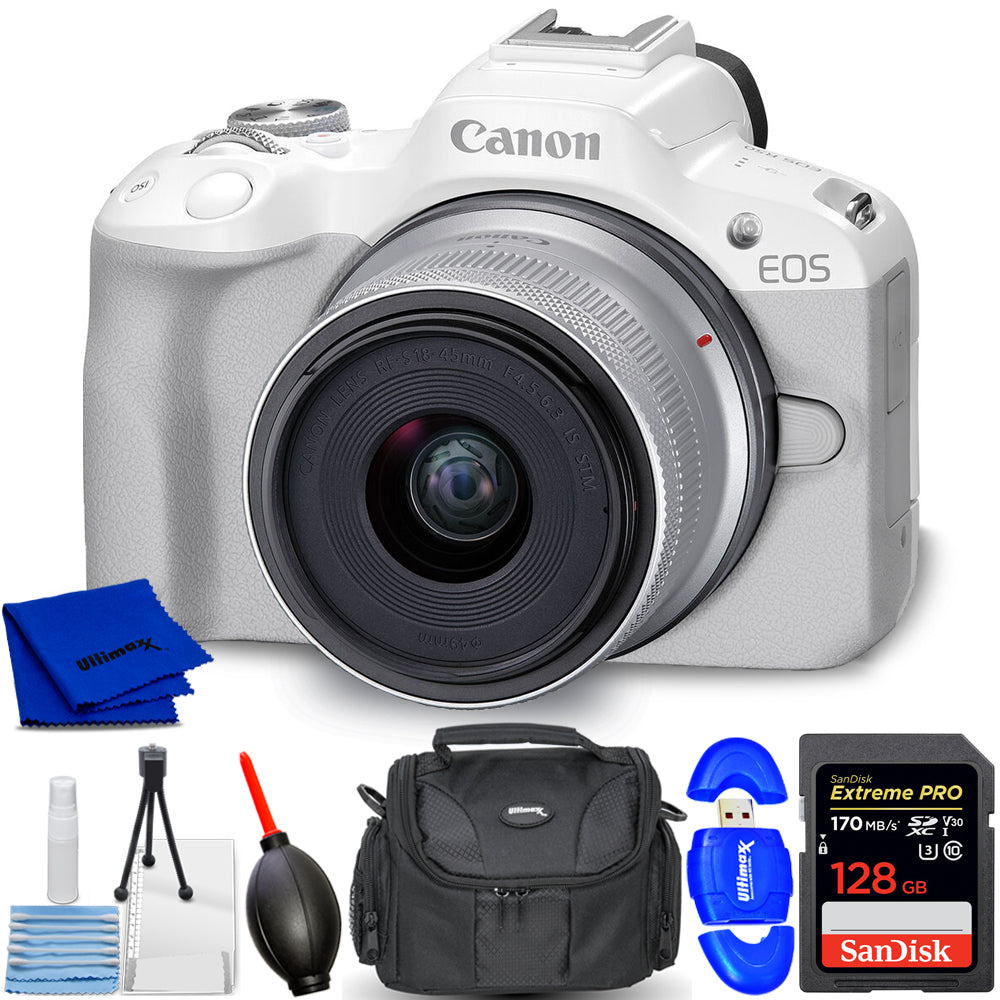 Canon EOS R50 Mirrorless Camera with 18-45mm Lens (White) 5812C012 - 7PC Bundle