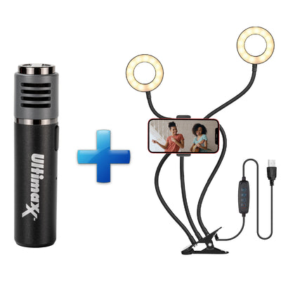 Ultimaxx Wireless Lavalier Bluetooth Mic for iPhone Android + LED Ring Vlog Kit