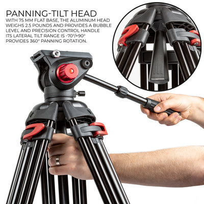 Portable Video Camera 72-inch 180cm 90 Degree Pivot Head Fluid Pan Tilt Tripod
