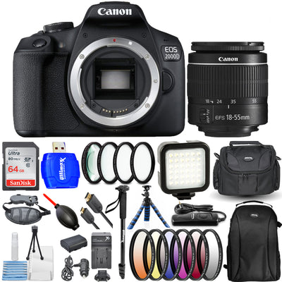 Canon EOS 2000D / Rebel T7 with 18-55mm III Lens 64GB Extra Battery Flash Bundle