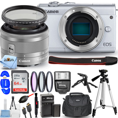Canon EOS M200 Mirrorless Camera with 15-45mm (White) + EXT BATT + Filter Bundle