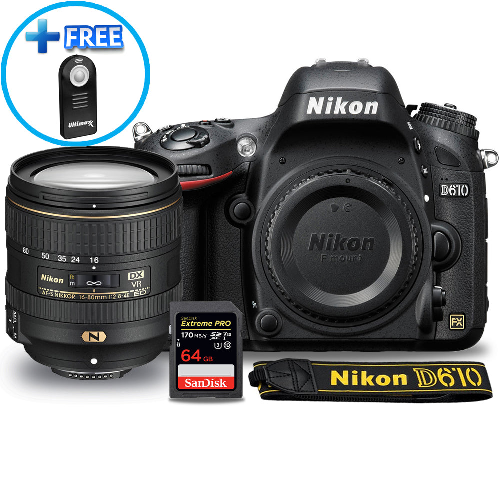 Nikon D610 Camera with 16-80mm f/2.8-4E ED VR Lens + Extreme Pro 64GB SD Bundle