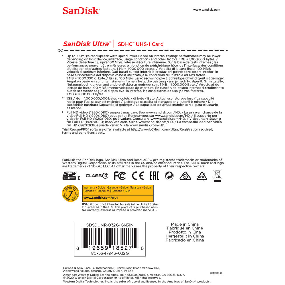 SanDisk 32GB Ultra SDHC UHS-I Memory Card - SDSDUNR-032G-GN6IN