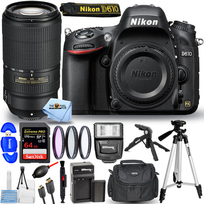 Nikon D610 Camera with 70-300mm f/4.5-5.6E ED VR Lens + EXT BATT + 64GB Bundle