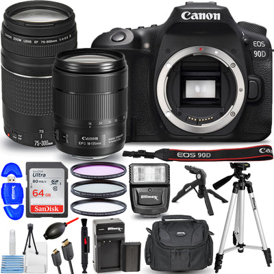 Canon EOS 90D DSLR with 18-135mm + 75-300mm + EXT BATT + Flash Top Value Bundle