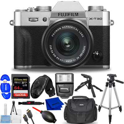 FUJIFILM X-T30 Mirrorless Digital Camera with 15-45mm Lens (Silver) 12PC Bundle