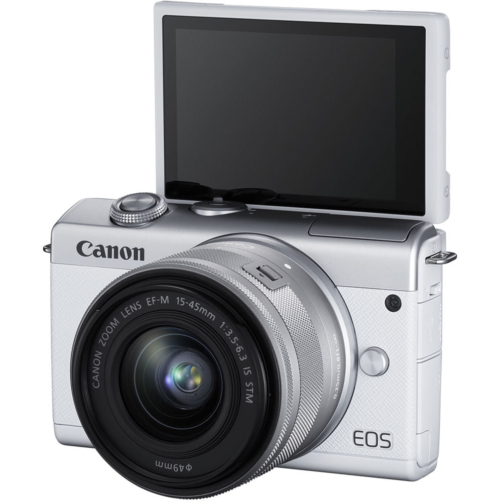 Canon EOS M200 Mirrorless Camera with 15-45mm (White) + EXT BATT + Filter Bundle