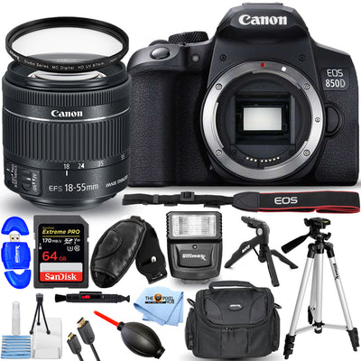 Canon EOS 850D Camera with 18-55mm IS STM Lens + 64GB + Flash + Tripod Bundle