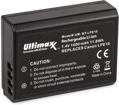 ULTIMAXX Travel Charger + 2x Replacement Battery for Canon LPE10 1600mah