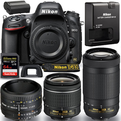 Nikon D610 DSLR Camera + 18-55mm + 70-300mm + 50mm - 3 LENS Accessory Bundle